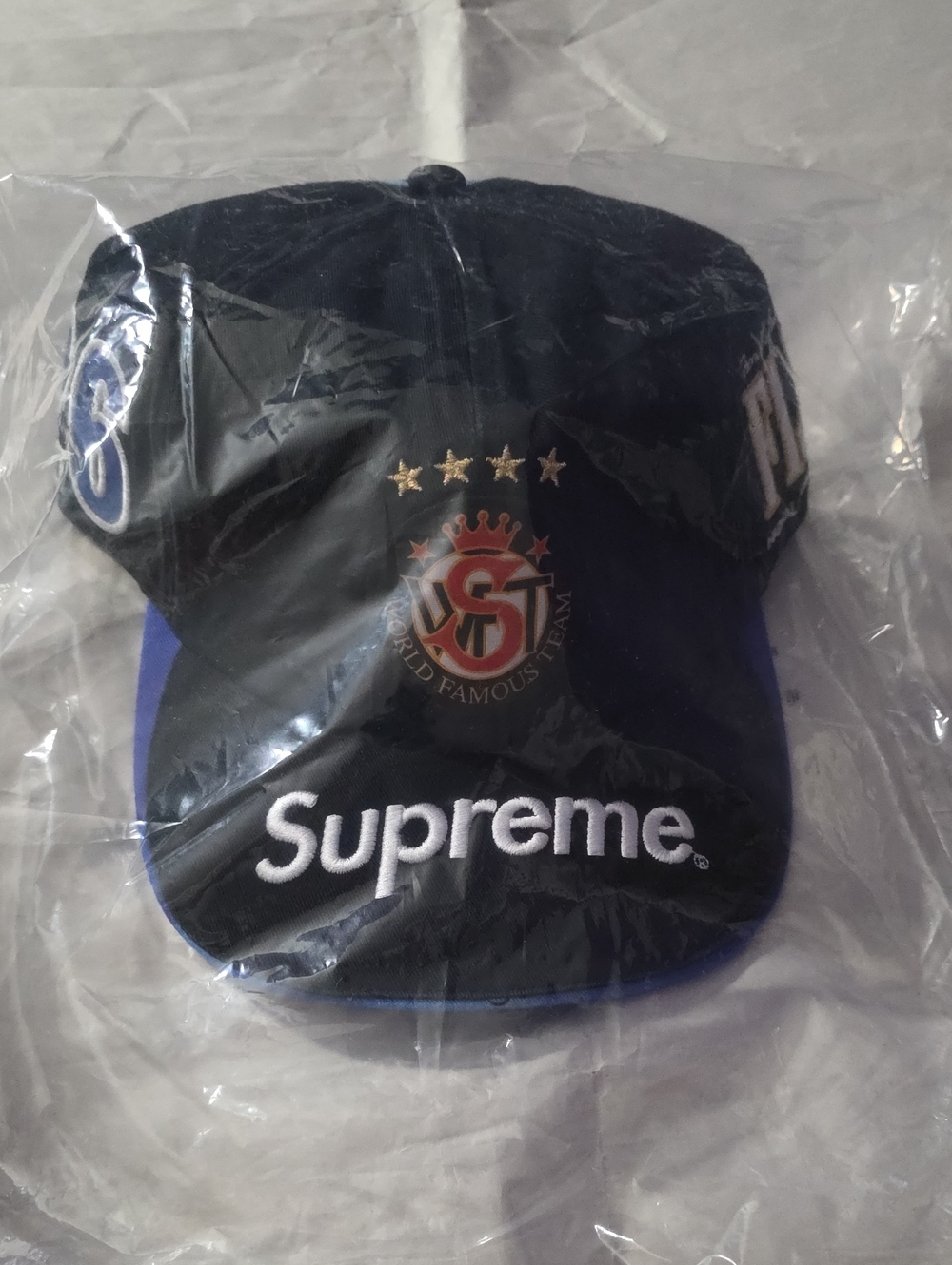 Supreme Black and Blue Embroidered Logo Baseball Cap fiji water inspired.